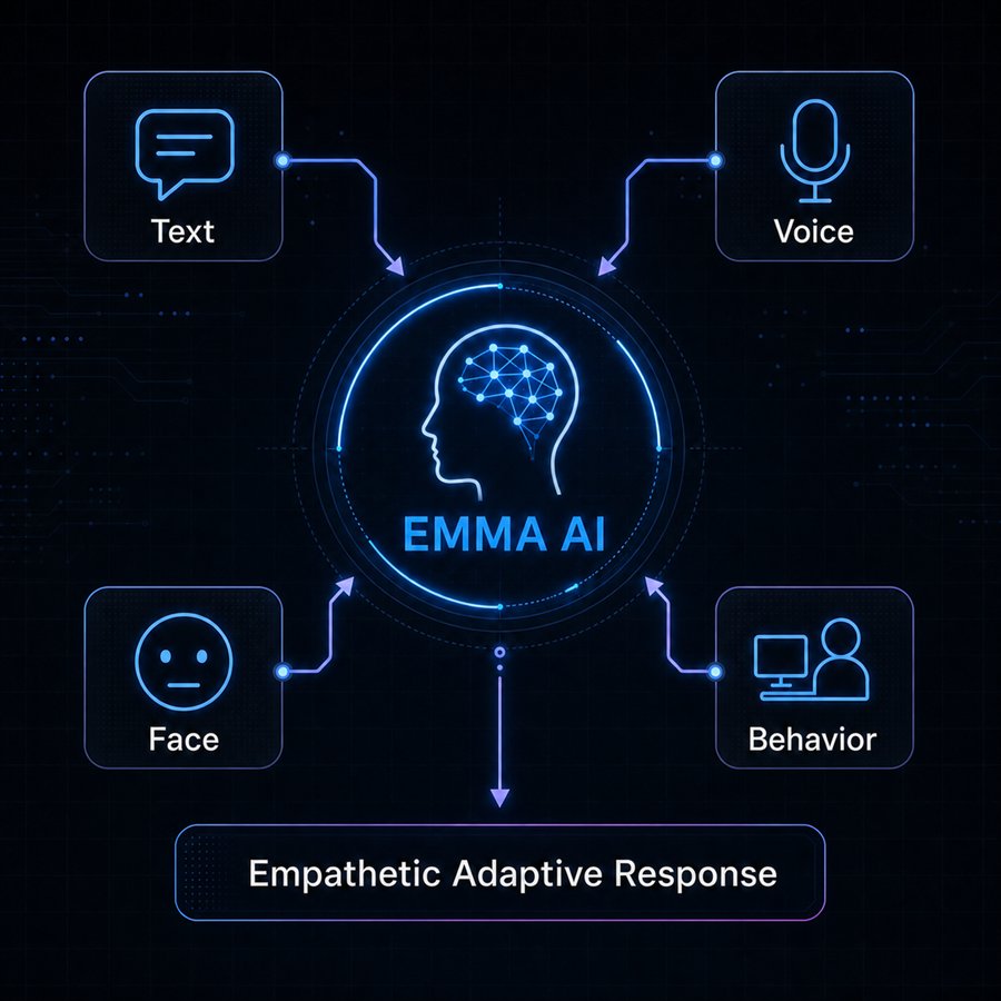EMMA framework showing text, voice, face, and behaviour inputs producing an empathetic adaptive response